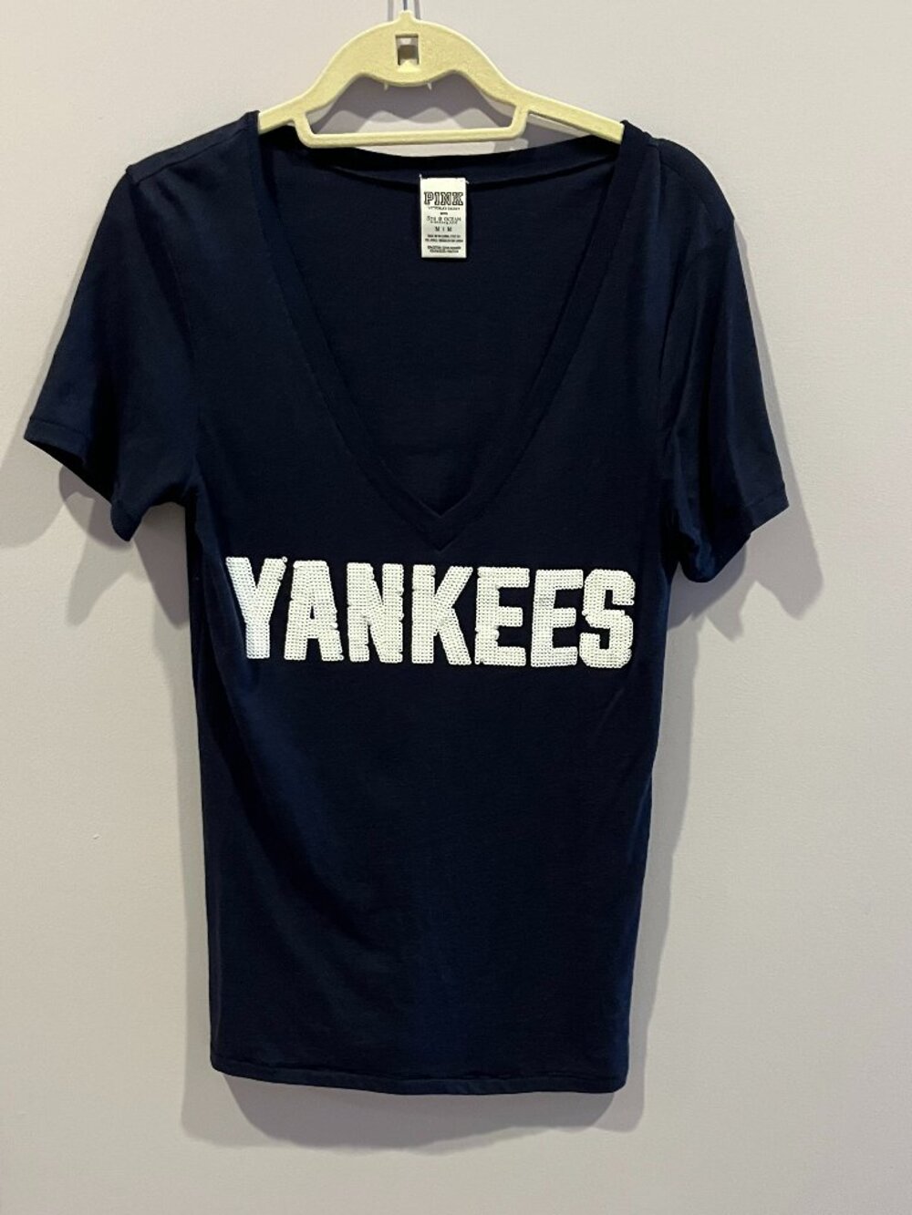 Women's Victoria Secret Blue w/ White Sequin Yankees V-Neck T-Shirt Size M